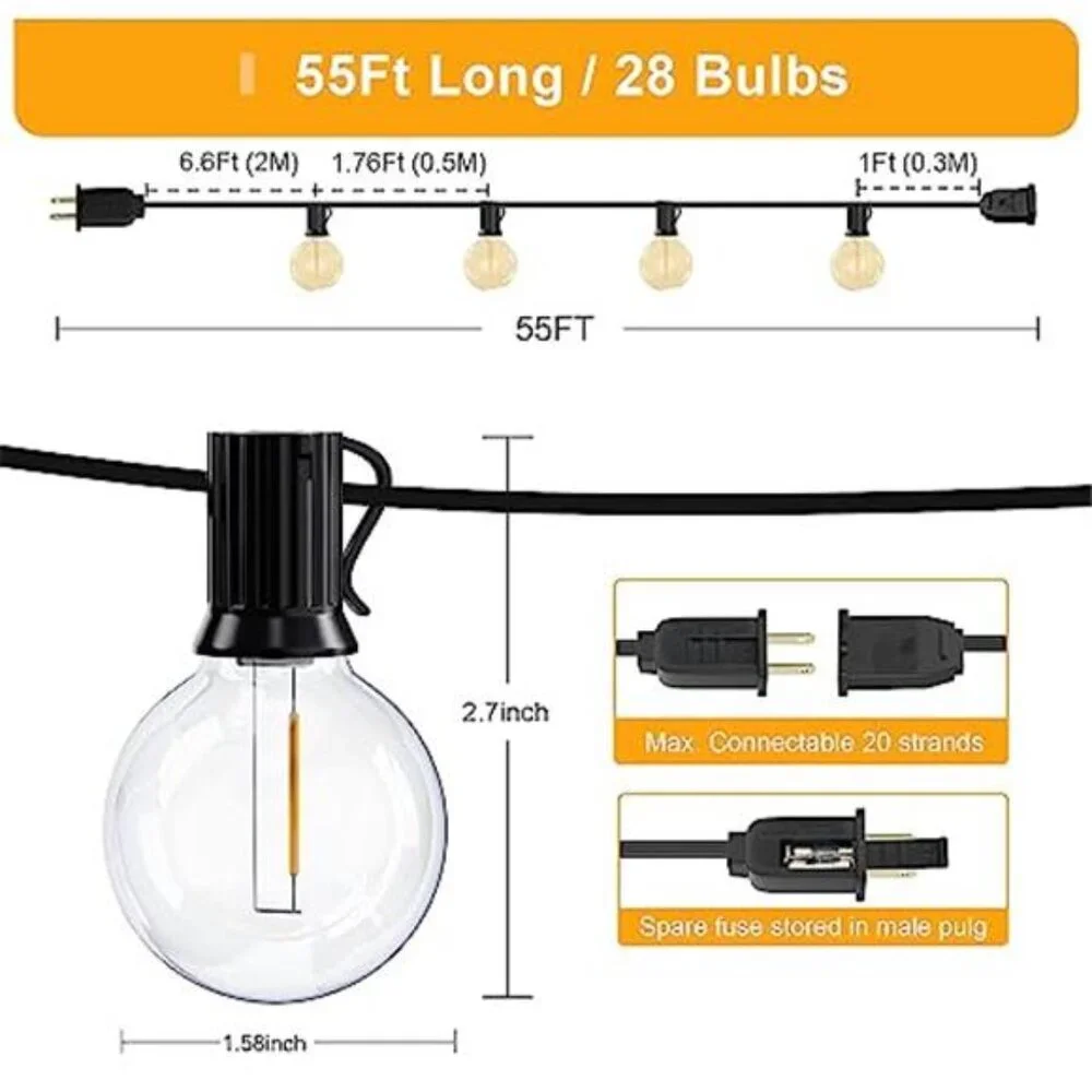 Outdoor String Lights 55FT LED Patio Lights Waterproof G40 Bulbs Backyard Cafe